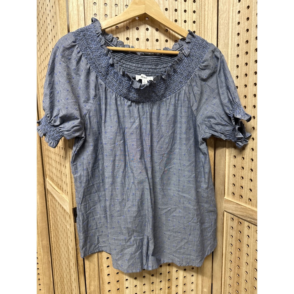 MINE Blue Cotton Clip Dot Smocked Off Shoulder Chambray Blouse Top CR1139 L